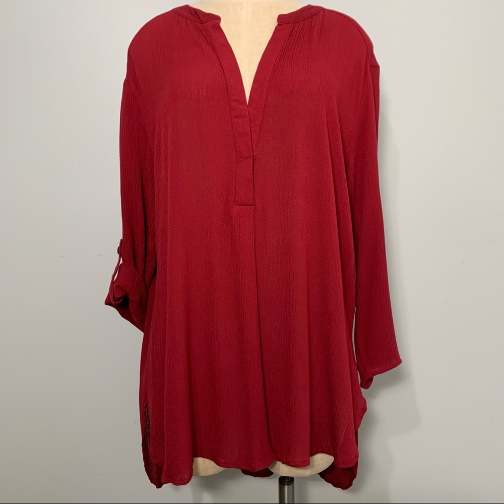 One Urban Day Split V Neck Top w/ Roll Tab Sleeves